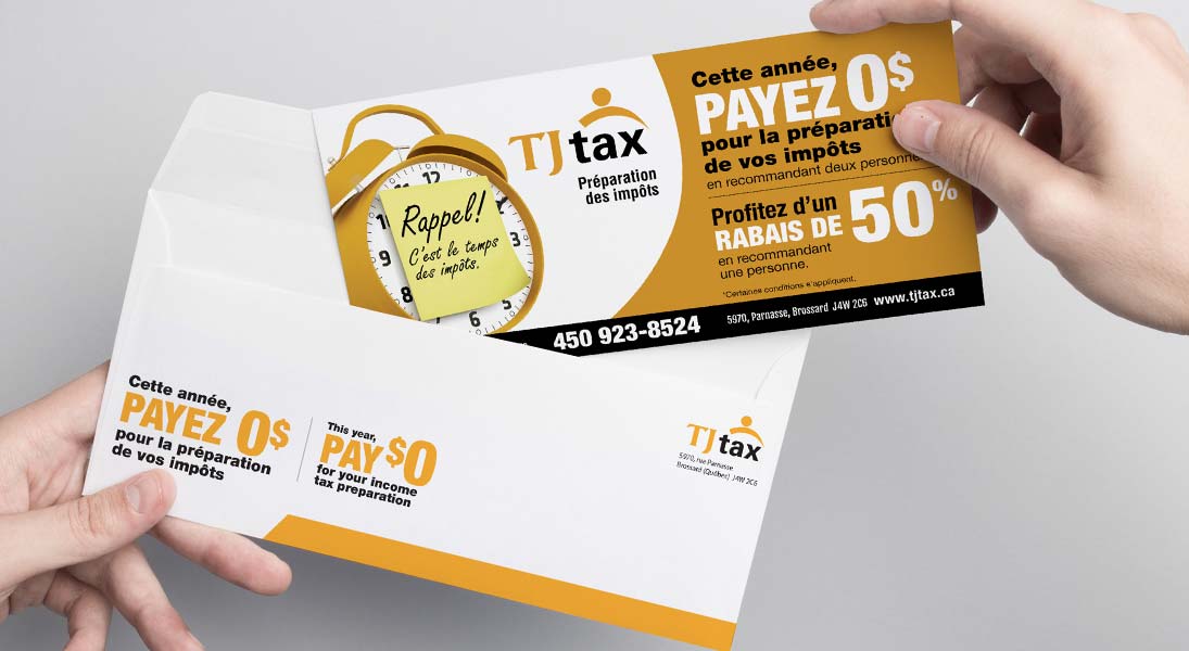 Carton publicité tj Tax - conception design graphisme laval campagne publicitaire energik