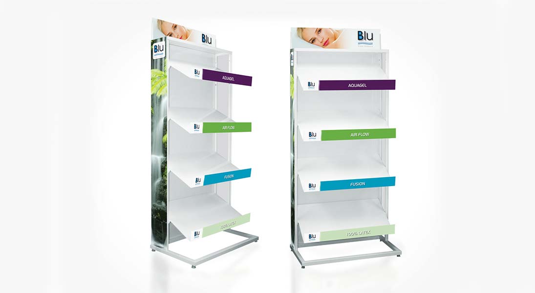 Display stand Blu sleep products - conception design graphism laval stand kiosk energik