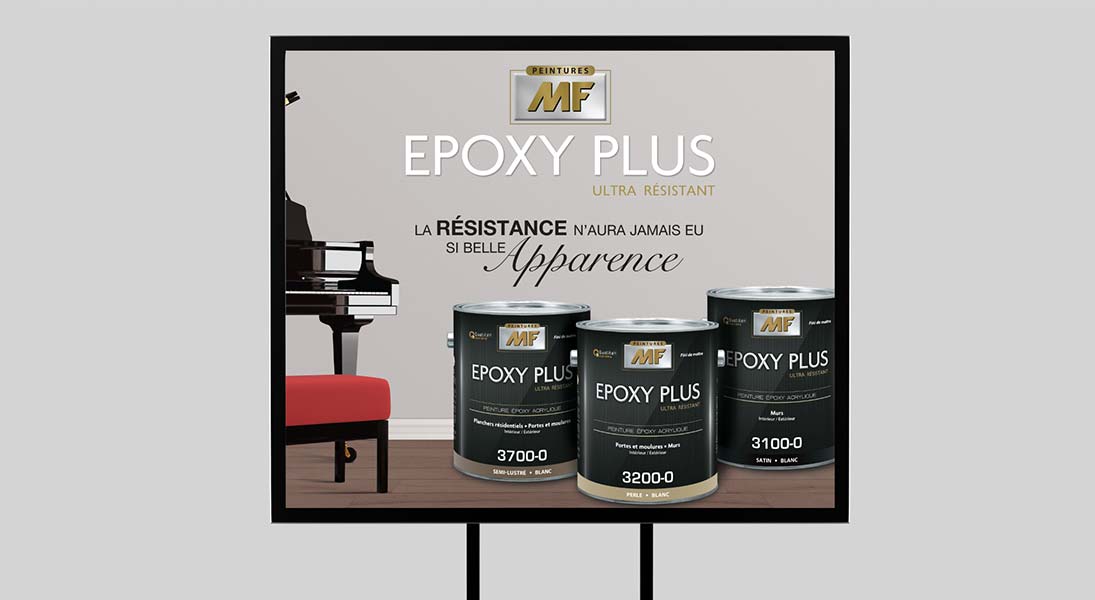 Affichette Epoxy plus Peintures MF - conception design graphisme laval campagne publicitaire energik