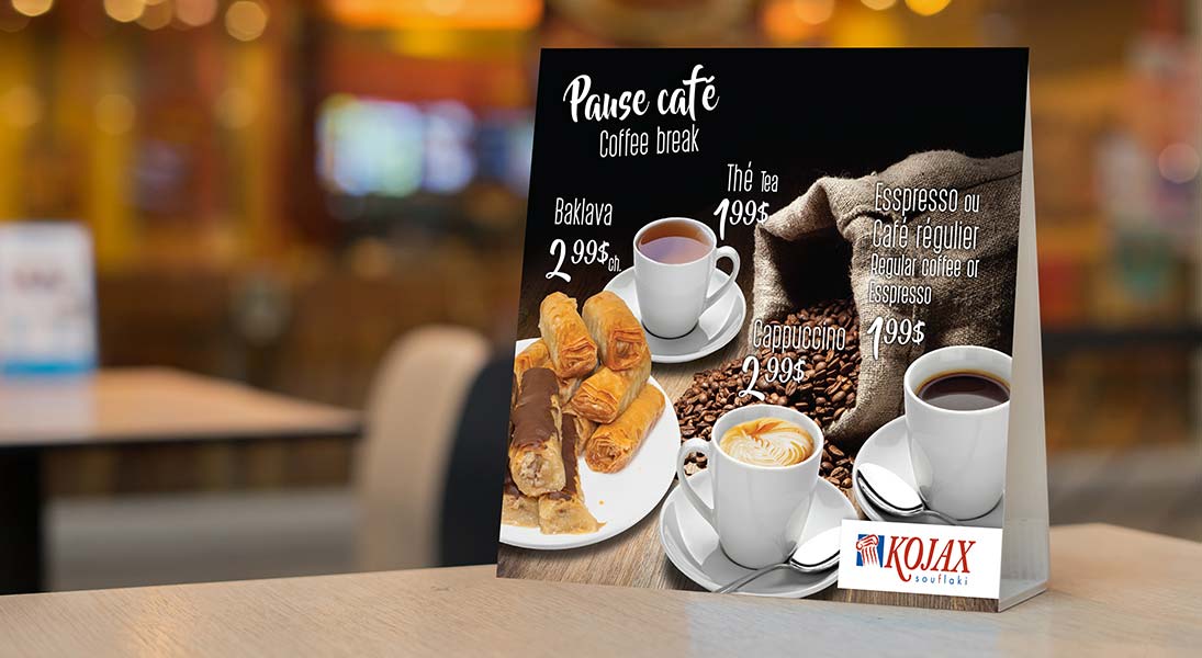 Tente café dessert Kojax - conception design graphisme laval campagne publicitaire energik